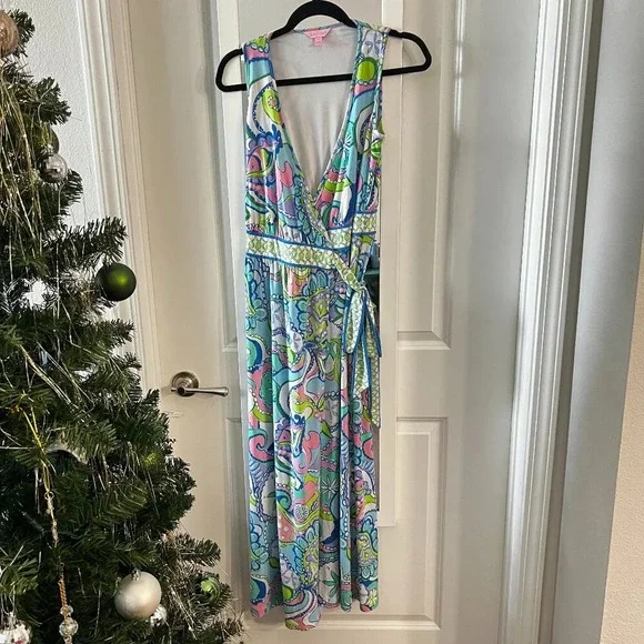 Lilly Pulitzer Bellina Maxi Wrap Dress Size Small Color Blue White - Picture 2 of 5